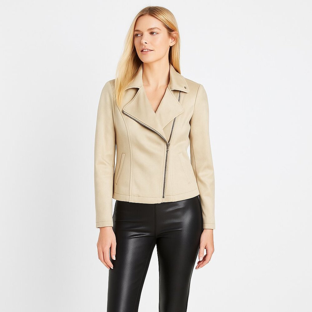 NWT White House Black Market Faux Suede Moto Jacket Irish Cream 0 #WHBM60